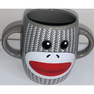 Mug Sock Monkey Galerie Double Handle Gray Ceramic Coffee Tea Cocoa Cup 16Oz EUC